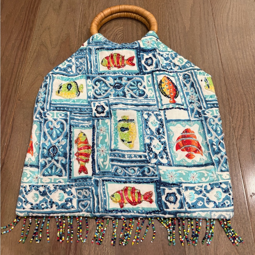 Lord & Taylor Blue Turquoise Patterned Tote with Beaded Fringe